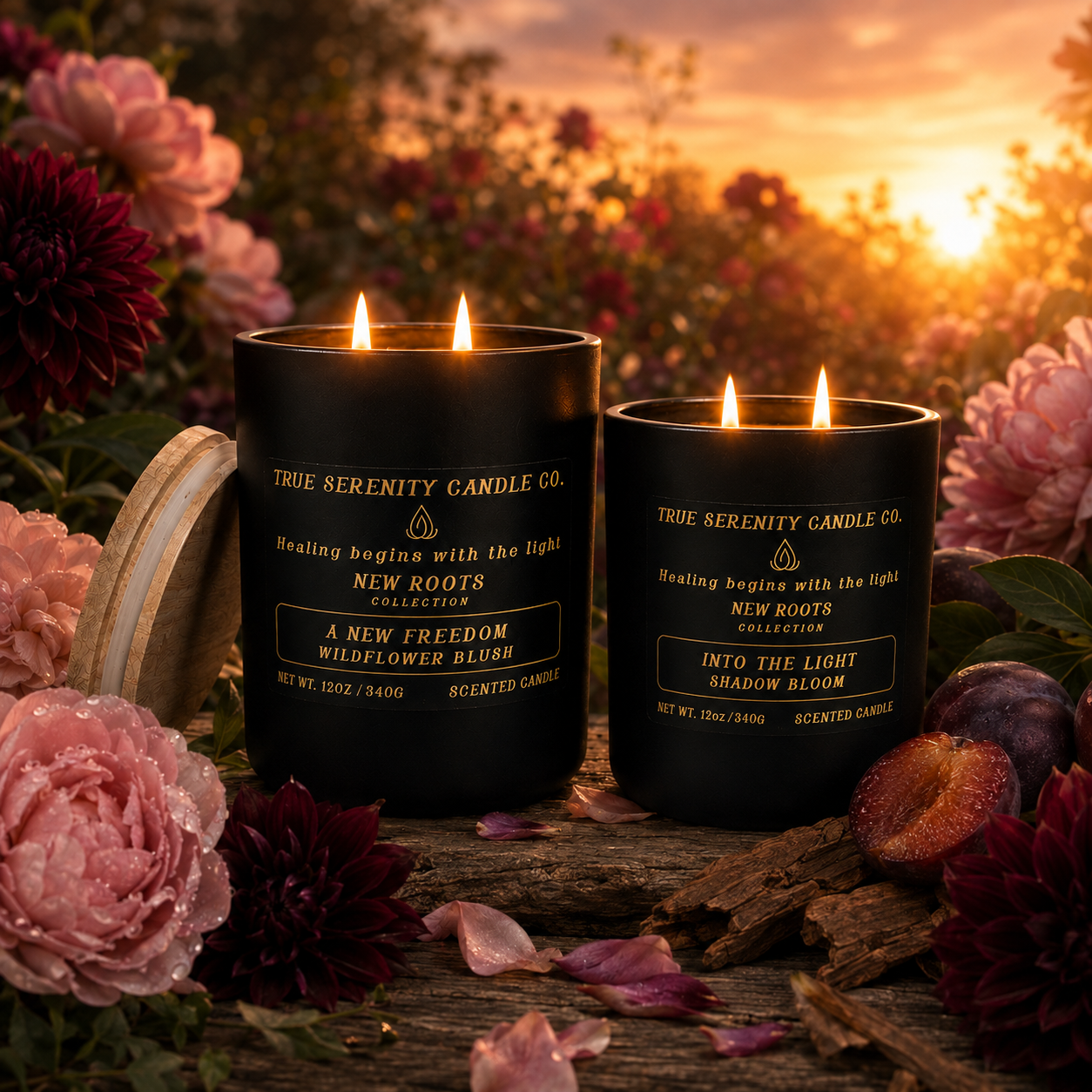 New Roots recovery candle collection featuring A New Freedom and Into the Light candles
