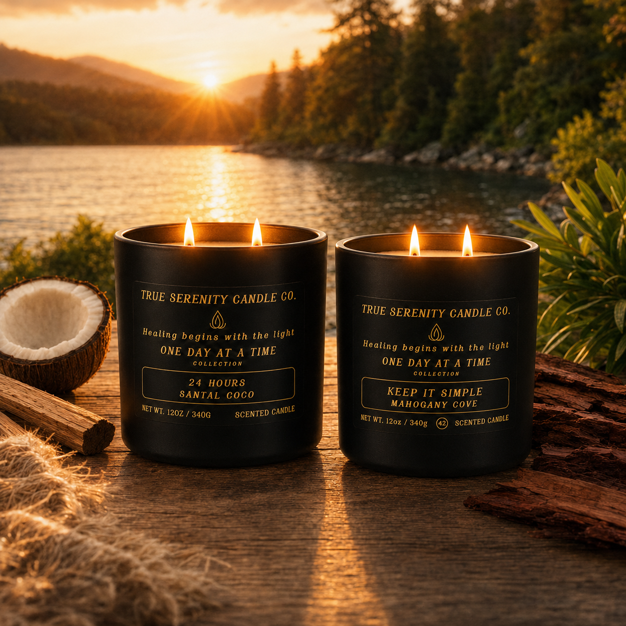 One Day at a Time recovery candle collection featuring 24 Hours and Keep It Simple candles