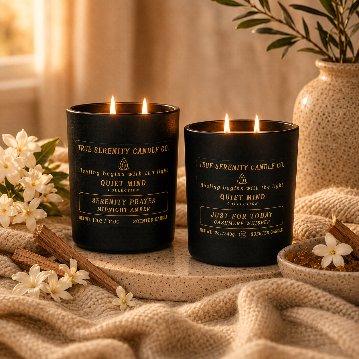 Quiet Mind recovery candle collection featuring Serenity Prayer and Just for Today candles