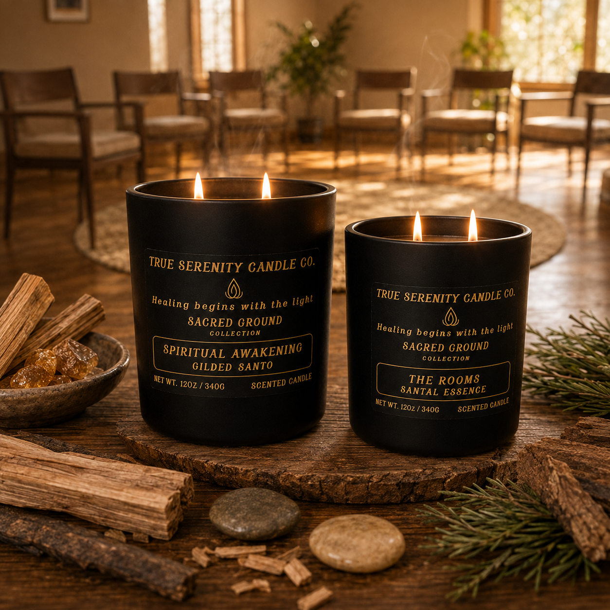 Sacred Ground recovery candle collection featuring Spiritual Awakening and The Rooms candles