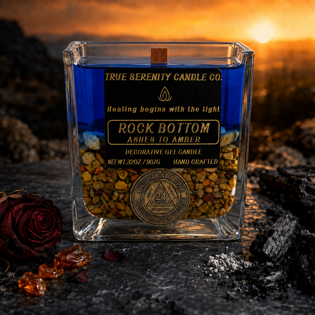 Rock Bottom Ashes to Amber decorative recovery gel candle with blue gel, stones and recovery medallion