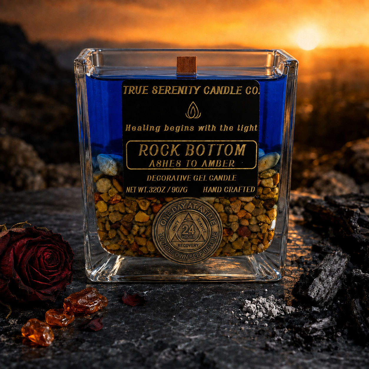 Rock Bottom Ashes to Amber decorative recovery gel candle with blue gel, stones and recovery medallion