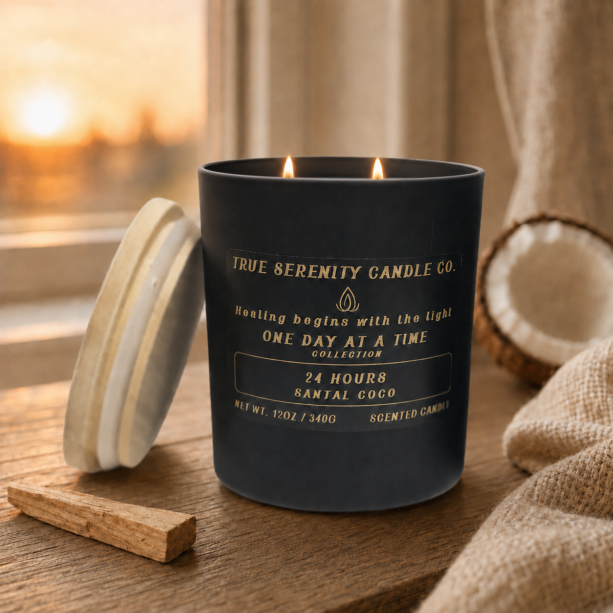 12 oz two-wick 24 Hours Santal Coco recovery candle with coconut, sandalwood and cedarwood