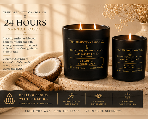 24 Hours Santal Coco recovery candle with scent profile and one-day-at-a-time meaning