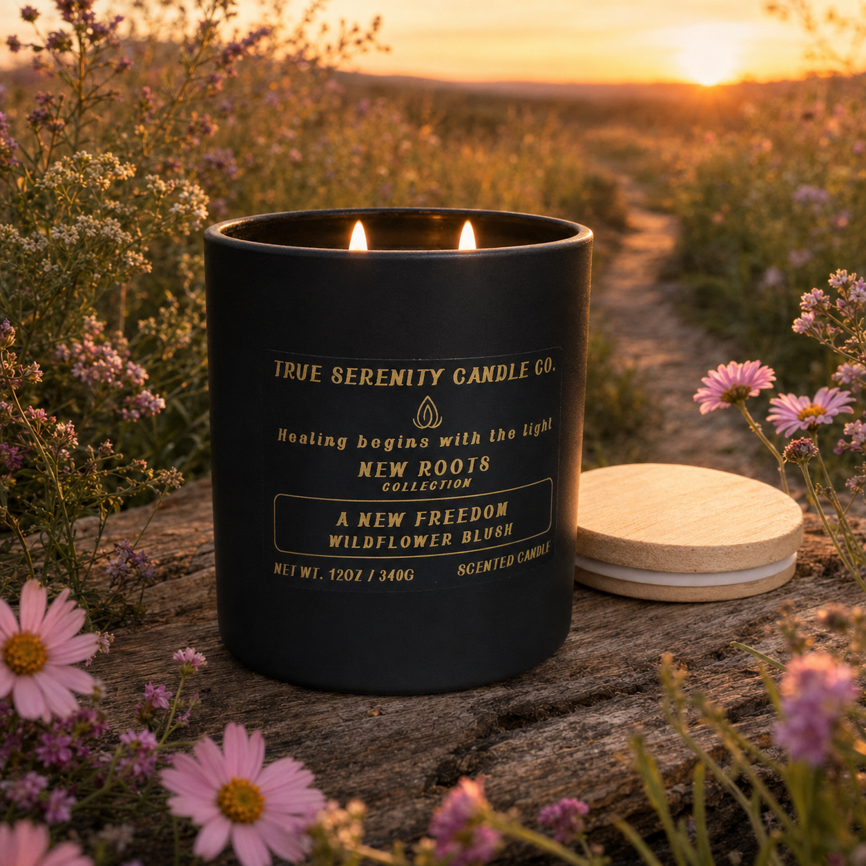 12 oz two-wick A New Freedom Wildflower Blush recovery candle with peony, rose and morning dew