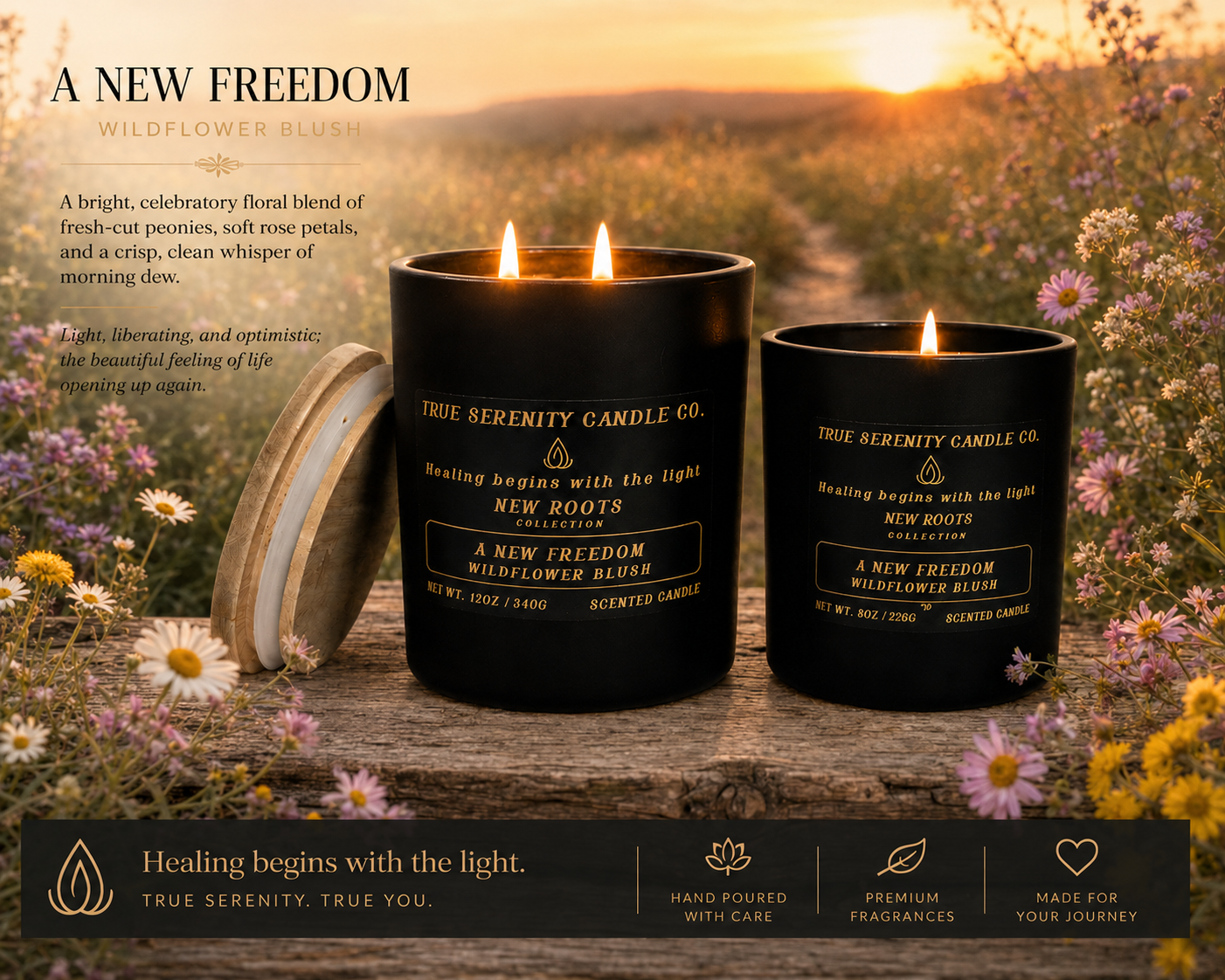 A New Freedom Wildflower Blush recovery candle with scent profile and new-beginnings meaning