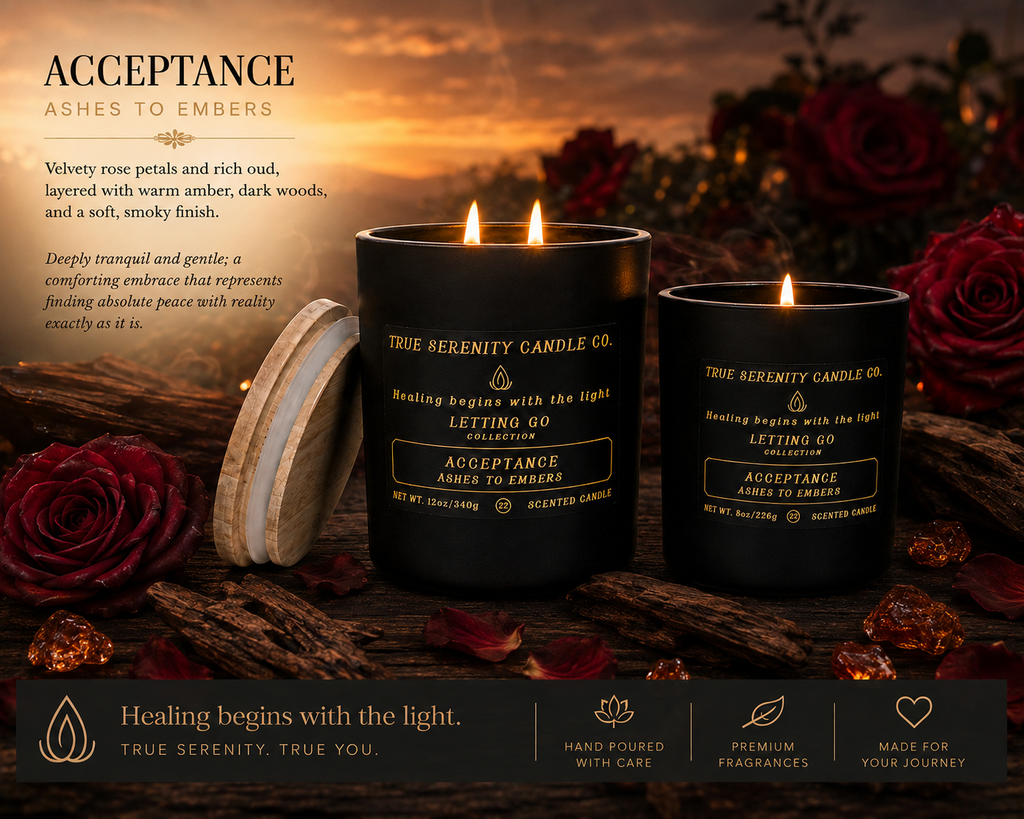 Acceptance Ashes to Embers recovery candles in 8 oz and 12 oz sizes with roses and oud wood