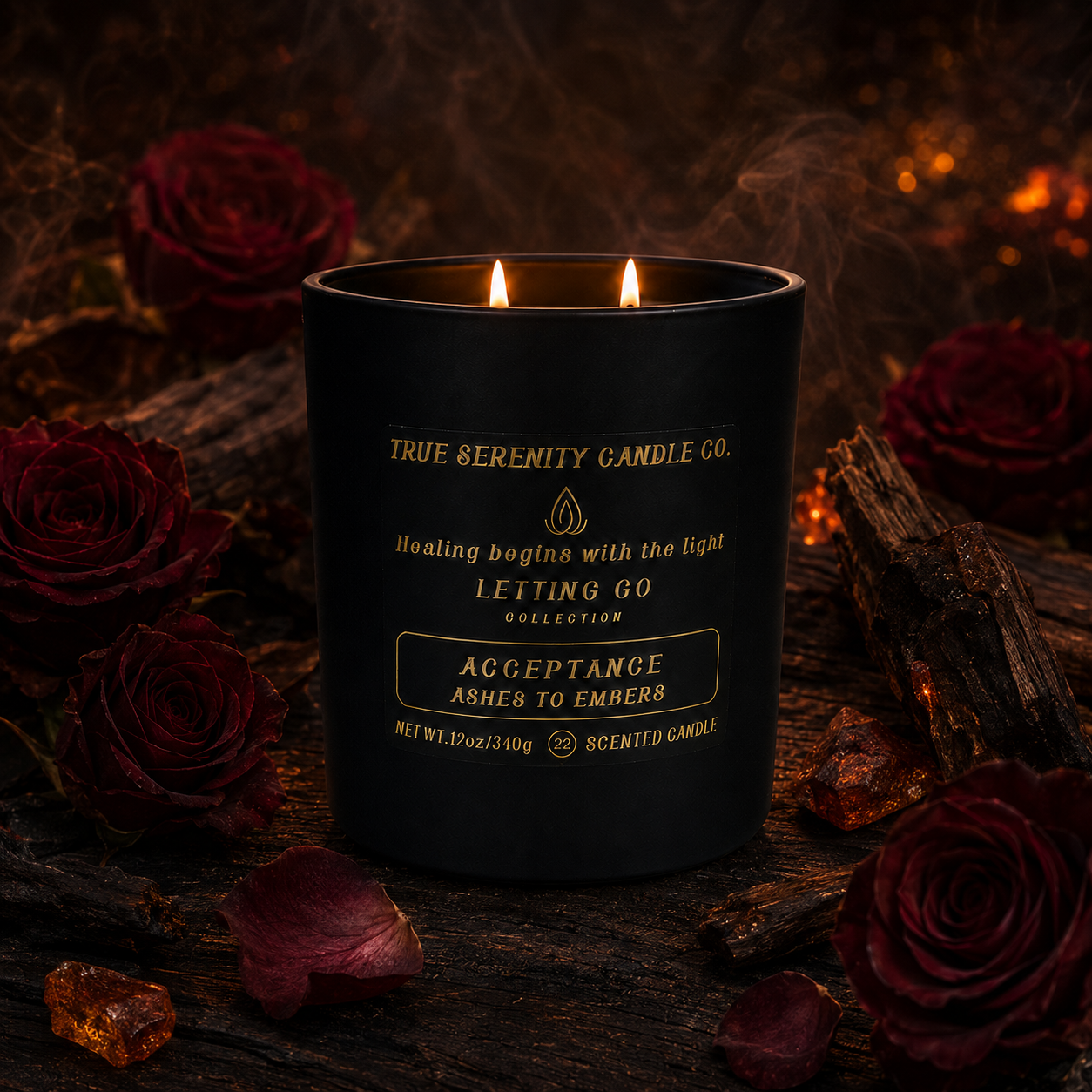 12 oz two-wick Acceptance Ashes to Embers recovery candle with roses, amber and oud wood