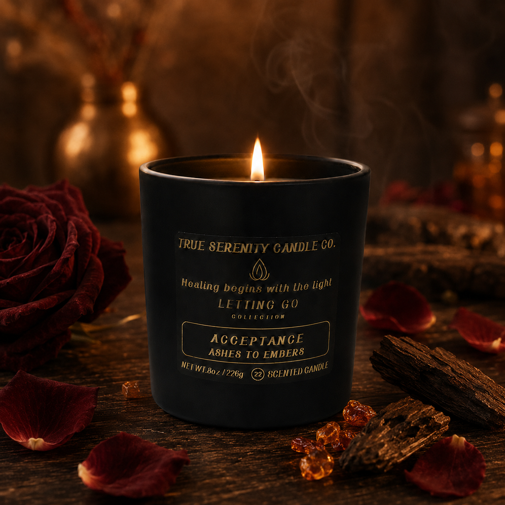 8 oz Acceptance Ashes to Embers recovery candle with roses, amber and oud wood