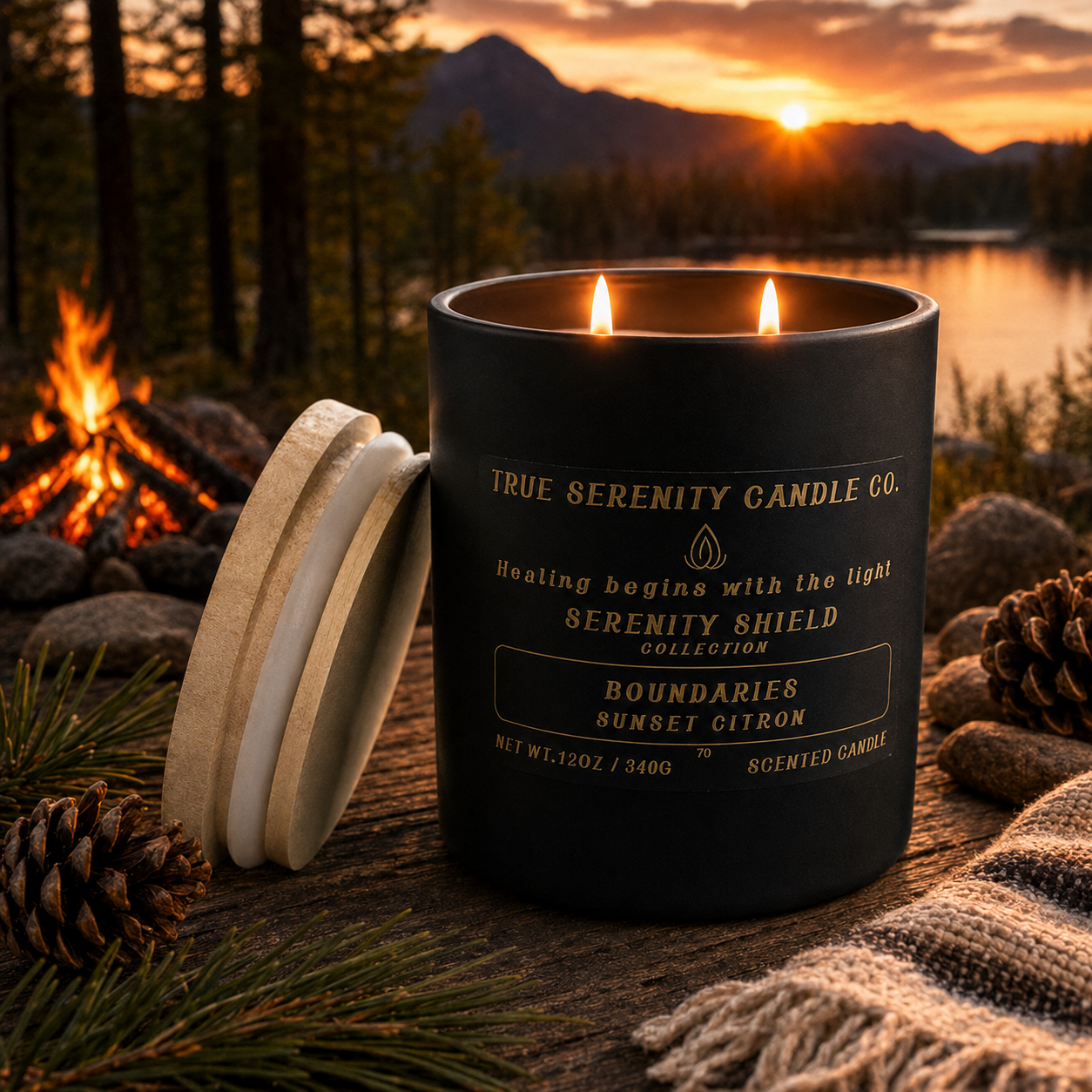 12 oz two-wick Boundaries Sunset Citron recovery candle with bright citrus, green herbs and fresh air