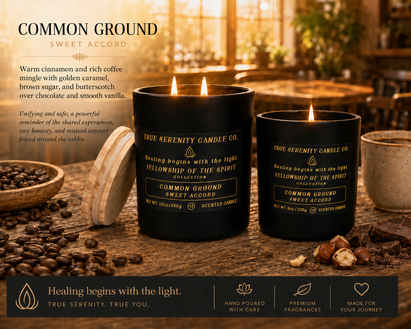 Common Ground Sweet Accord recovery candles in 8 oz and 12 oz sizes with caramel, vanilla and cinnamon