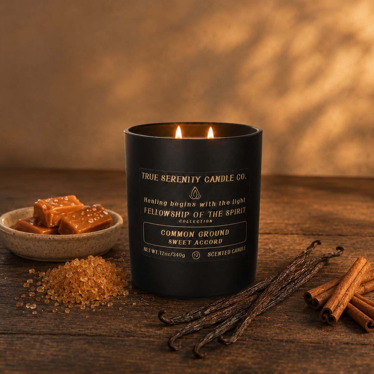 12 oz two-wick Common Ground Sweet Accord recovery candle with caramel, vanilla and cinnamon