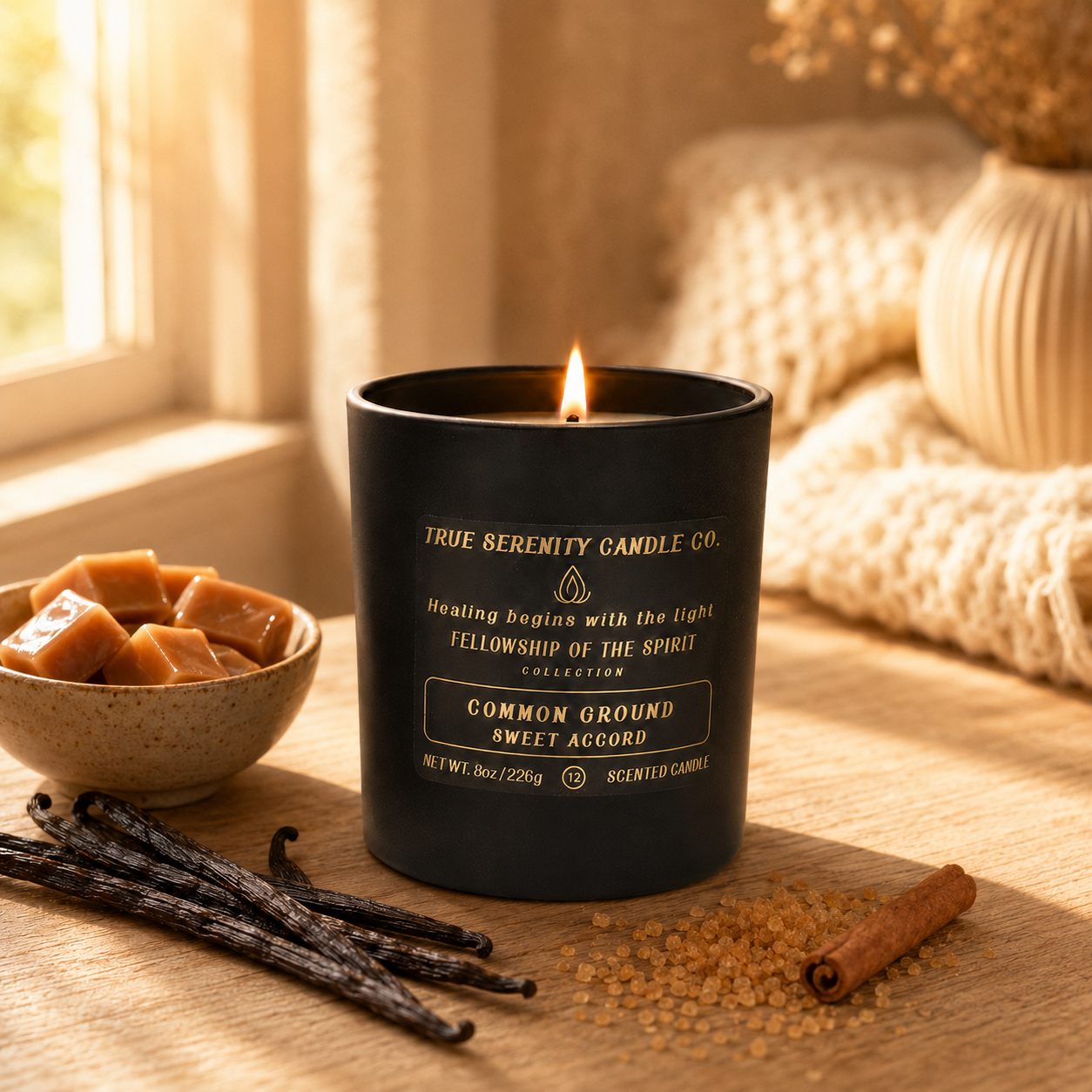 8 oz Common Ground Sweet Accord recovery candle with caramel, vanilla and brown sugar