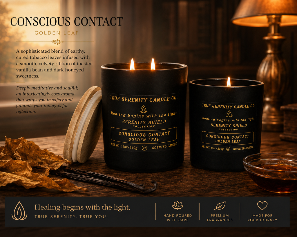 Conscious Contact Golden Leaf recovery candles in 8 oz and 12 oz sizes with tobacco leaf and vanilla