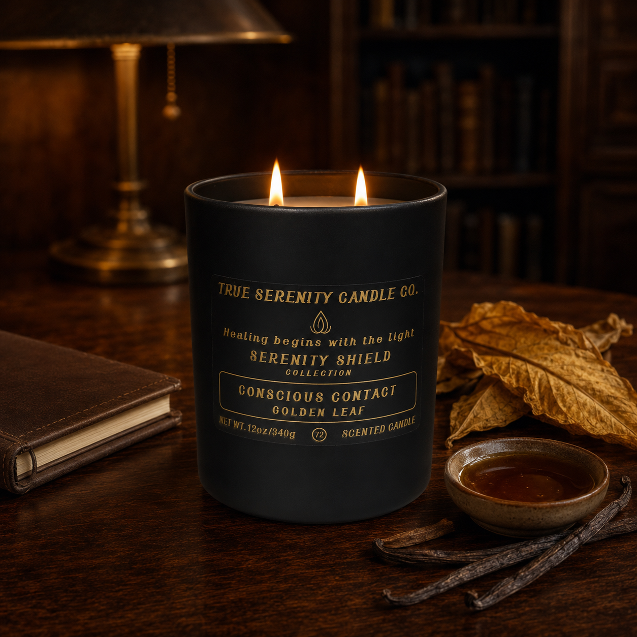 12 oz two-wick Conscious Contact Golden Leaf recovery candle with tobacco leaf, vanilla bean and dark honey