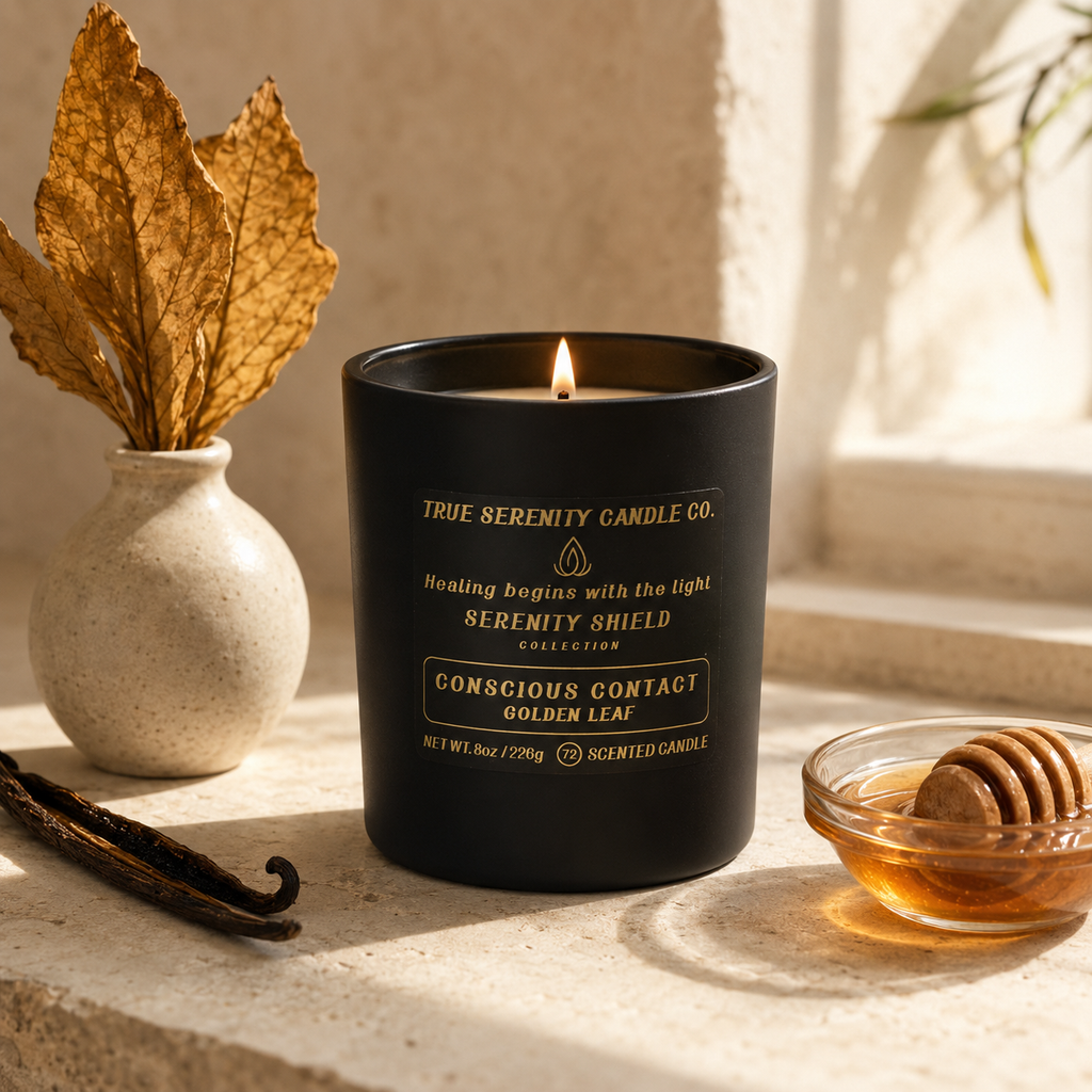 8 oz Conscious Contact Golden Leaf recovery candle with tobacco leaf, vanilla bean and dark honey