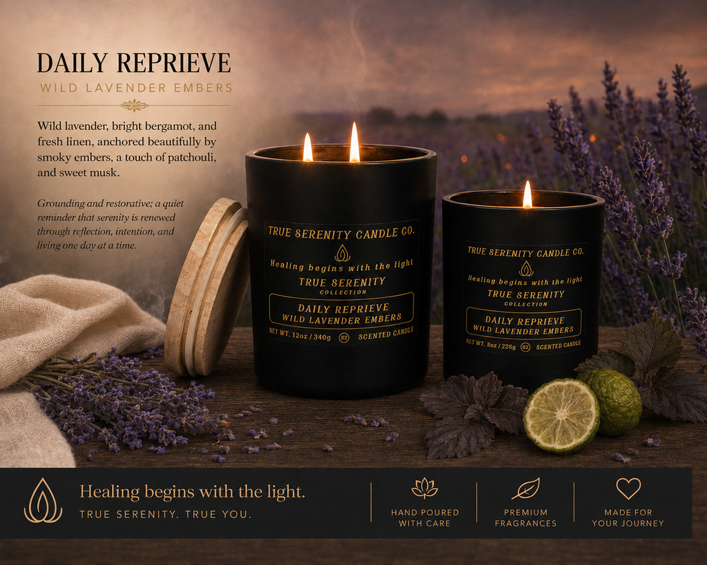 Daily Reprieve Wild Lavender Embers recovery candles in 8 oz and 12 oz sizes