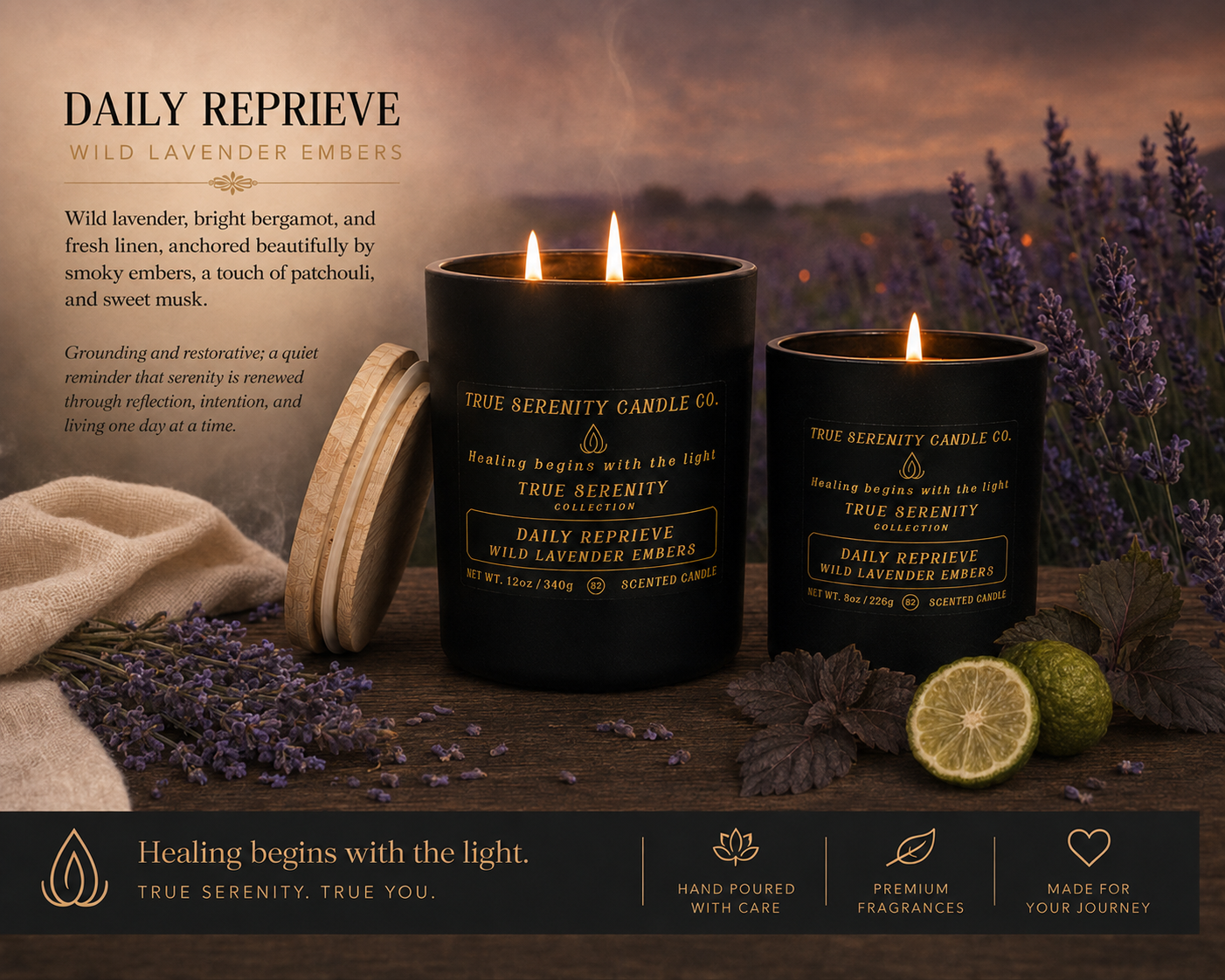 Daily Reprieve Wild Lavender Embers recovery candles in 8 oz and 12 oz sizes