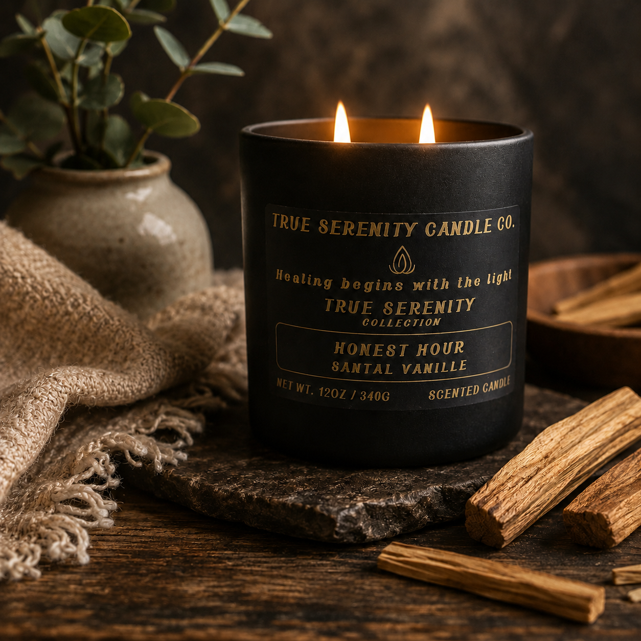 12 oz two-wick Honest Hour Santal Vanille recovery candle with sandalwood, vanilla bean and soft musk