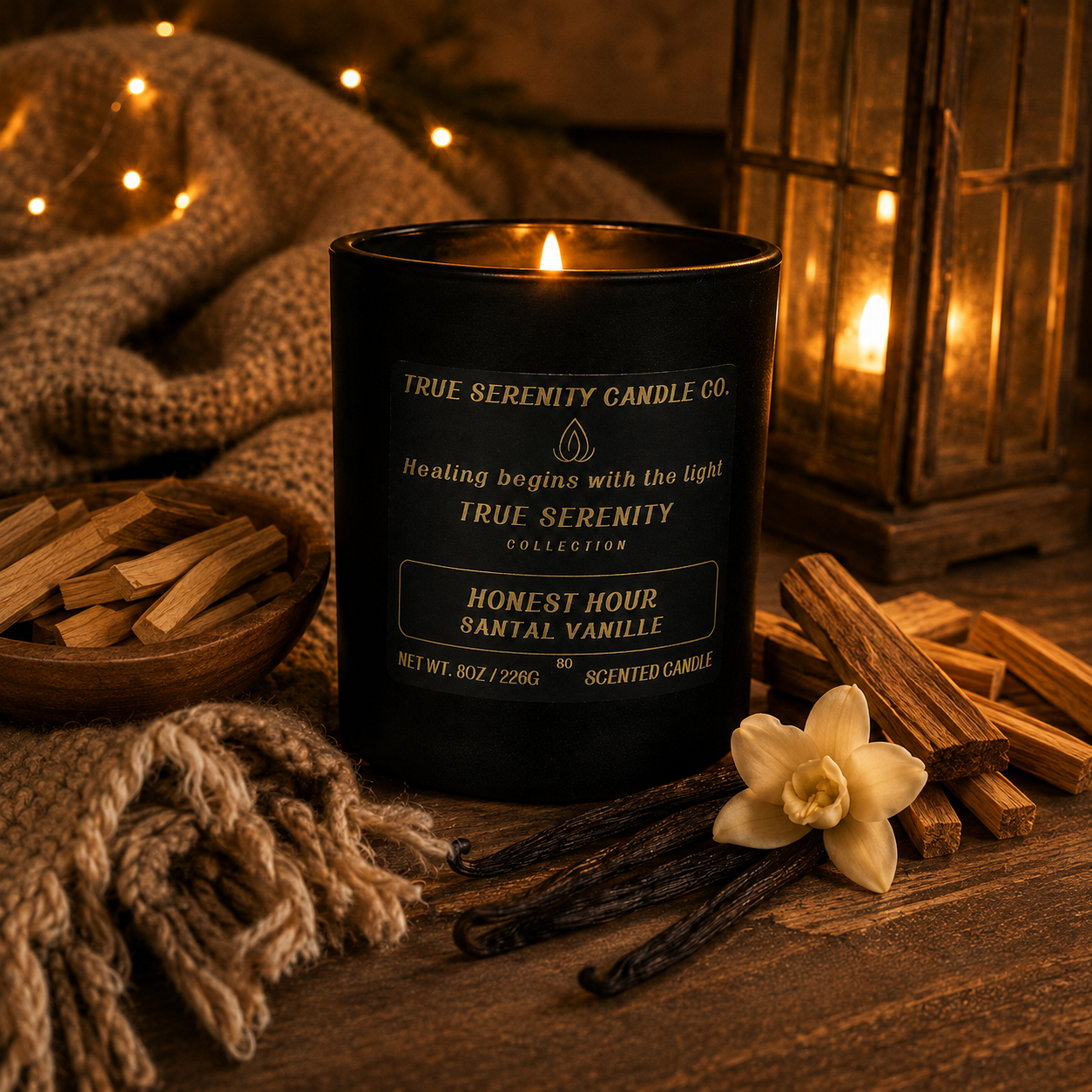 8 oz Honest Hour Santal Vanille recovery candle with sandalwood, vanilla bean and soft musk