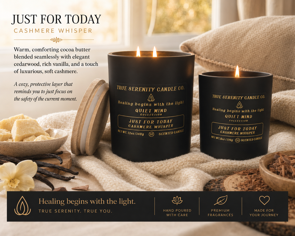 Just for Today Cashmere Whisper recovery candle fragrance and meaning