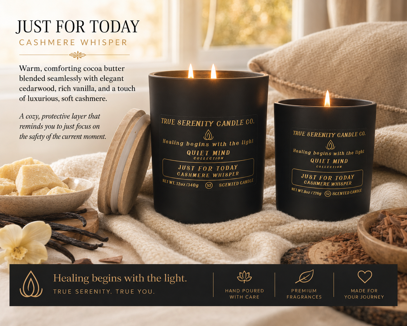 Just for Today Cashmere Whisper recovery candle fragrance and meaning