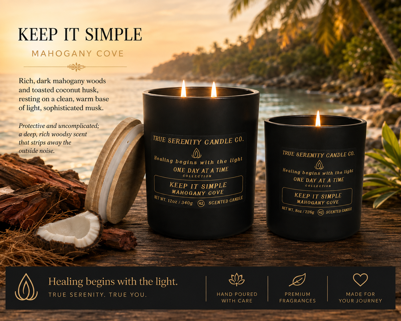 Keep It Simple Mahogany Cove recovery candle fragrance and meaning
