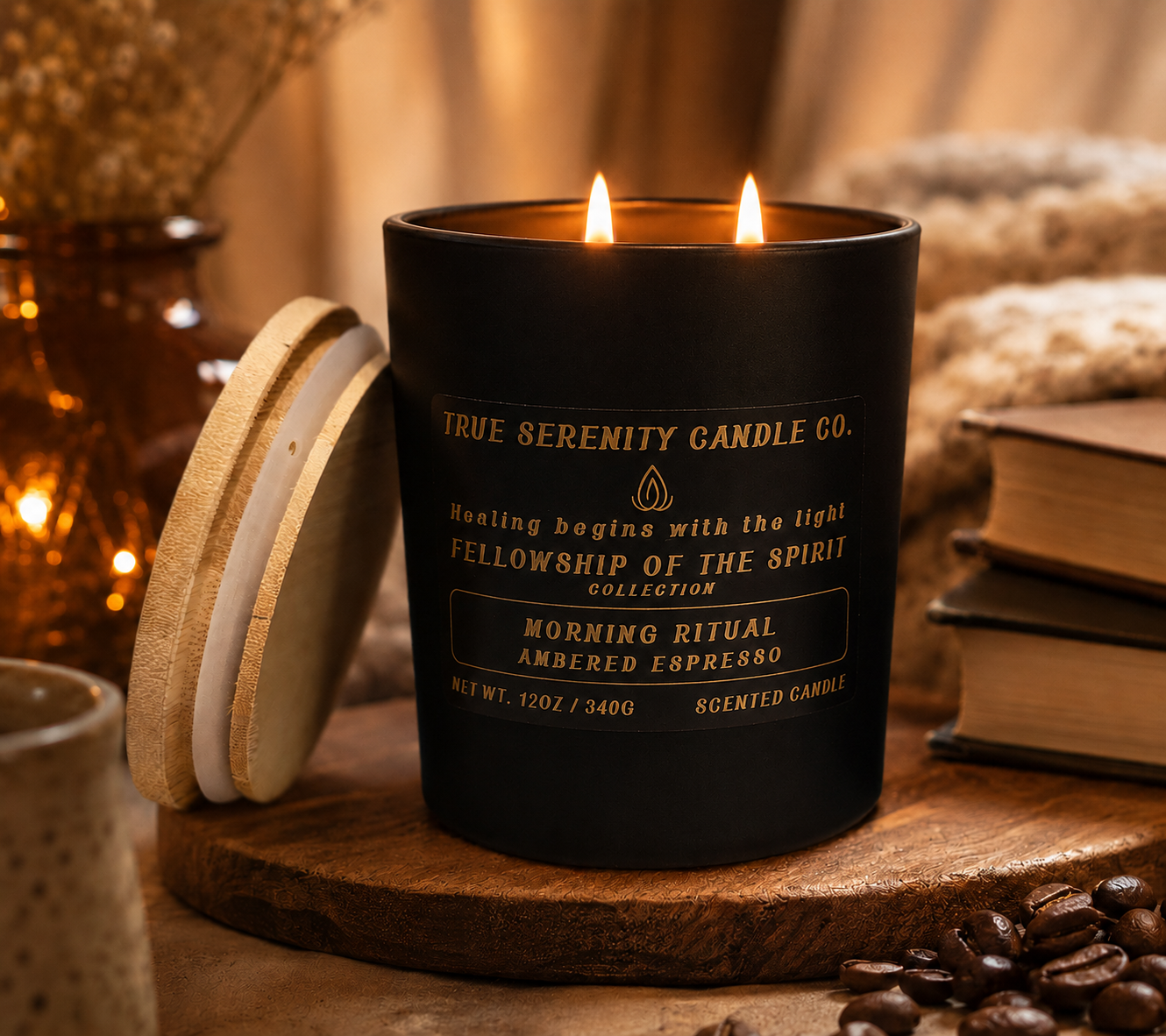 12 oz two-wick Morning Ritual Ambered Espresso coffee candle with espresso, steamed milk and vanilla
