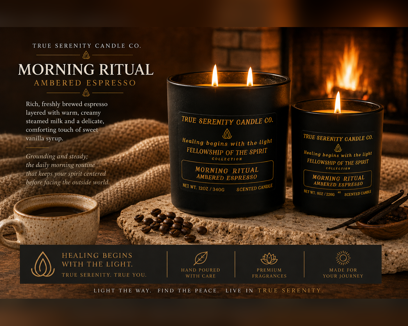 Morning Ritual Ambered Espresso recovery candle with scent profile and peaceful-morning meaning