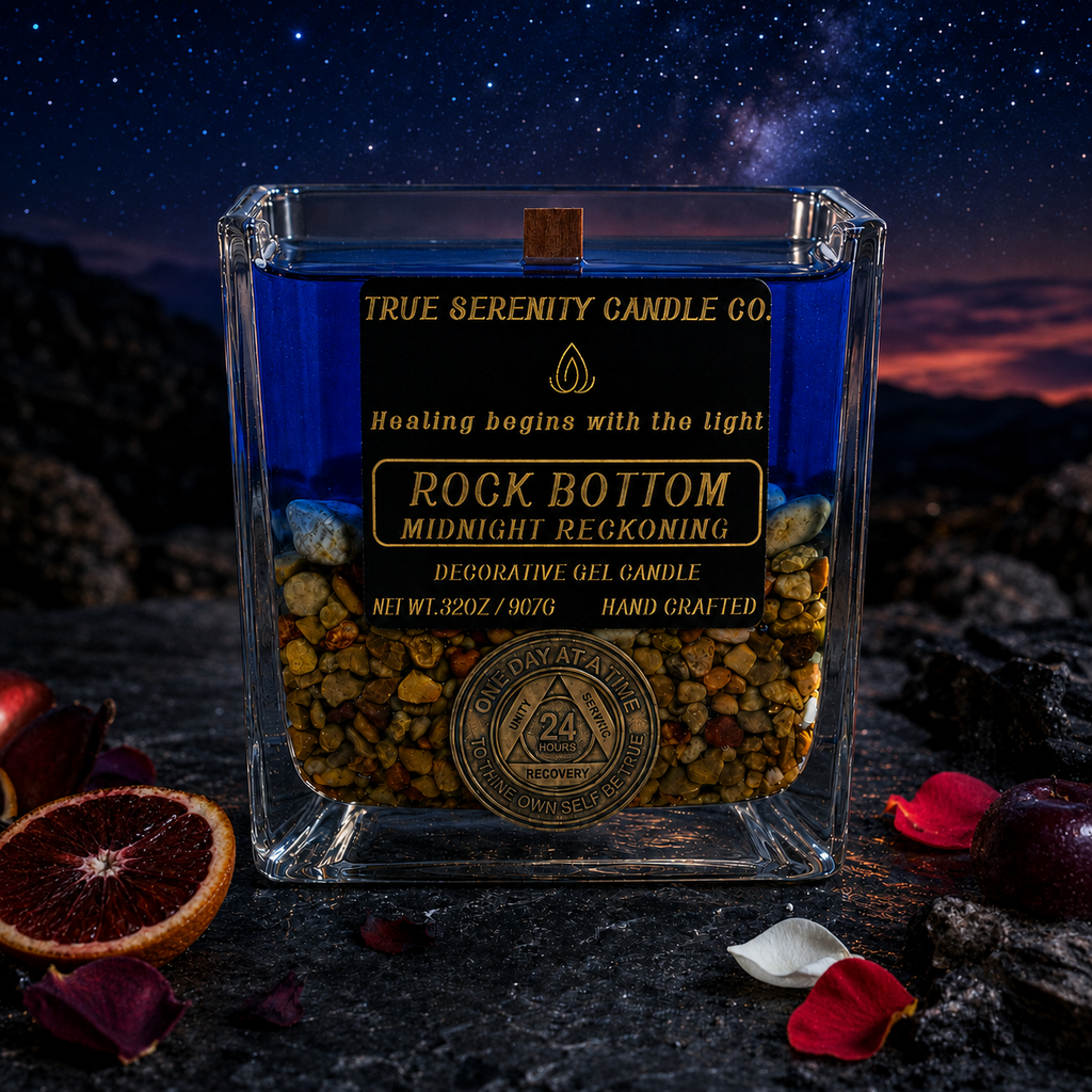 Rock Bottom cobalt-blue decorative candle with stones and sobriety medallion