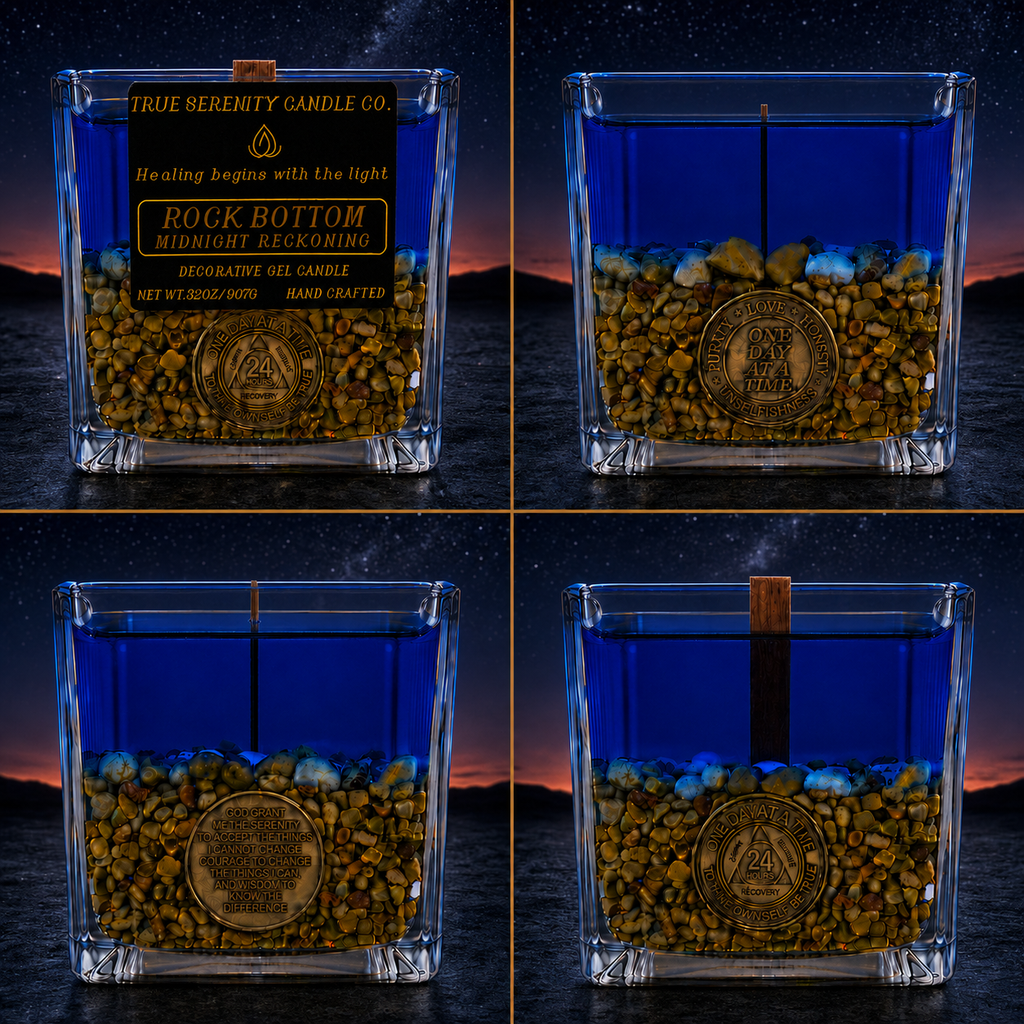 Custom sobriety medallions displayed on the Rock Bottom recovery candle