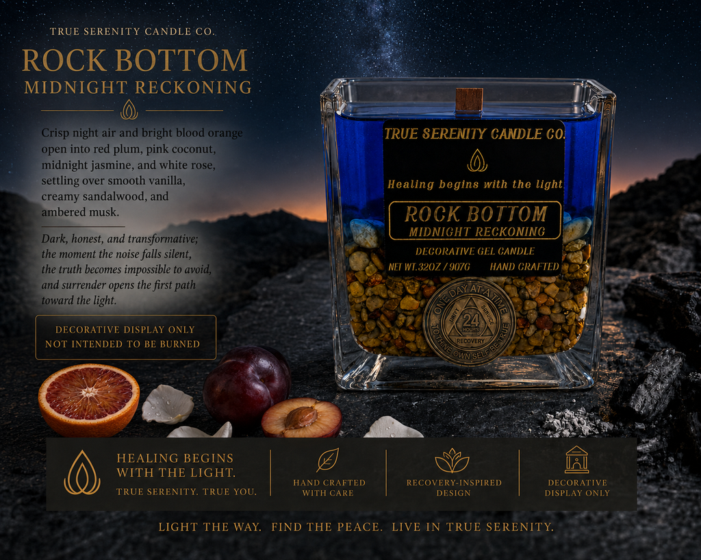 Rock Bottom Midnight Reckoning decorative recovery candle with scent profile