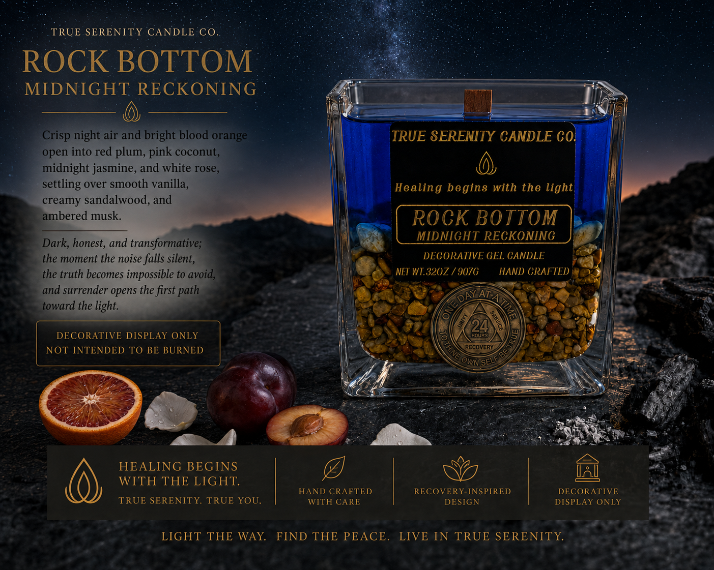 Rock Bottom Midnight Reckoning decorative recovery candle with scent profile