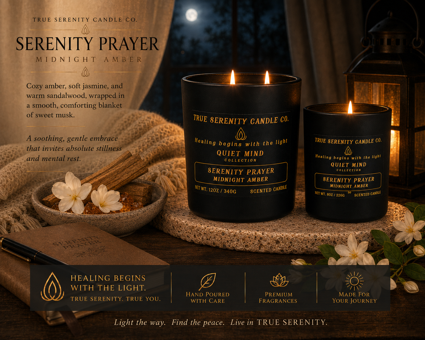 Serenity Prayer Midnight Amber recovery candle with amber, jasmine and sandalwood