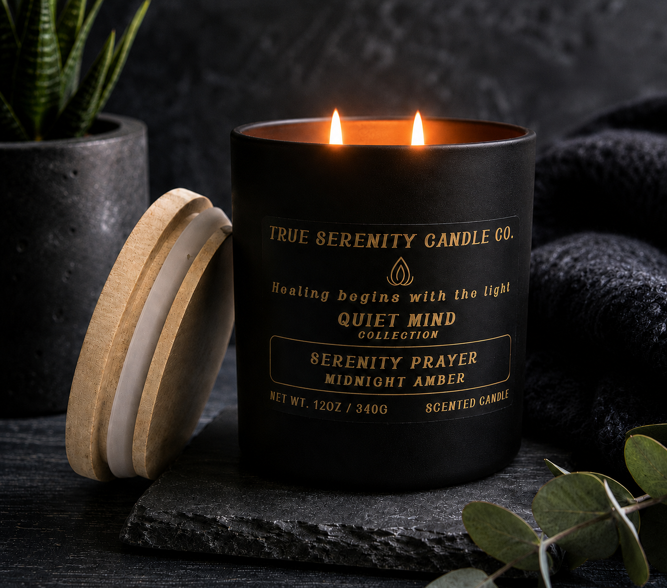 12 oz two-wick Serenity Prayer Midnight Amber recovery candle with amber, jasmine and sandalwood