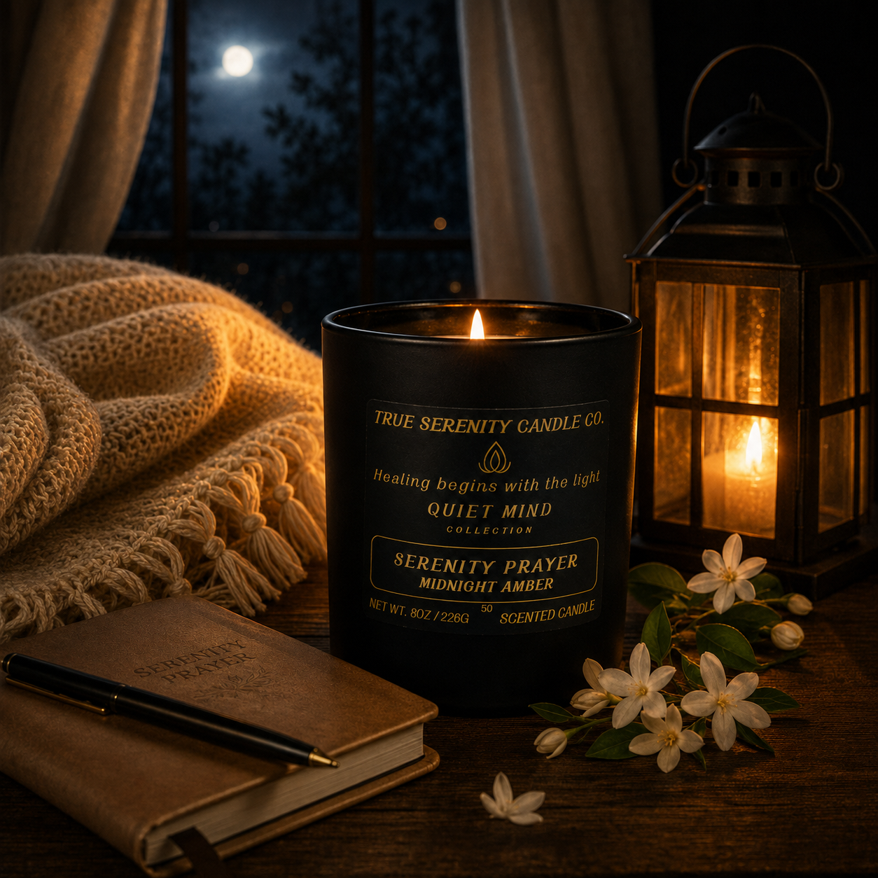 8 oz Serenity Prayer Midnight Amber recovery candle with amber, jasmine and sandalwood