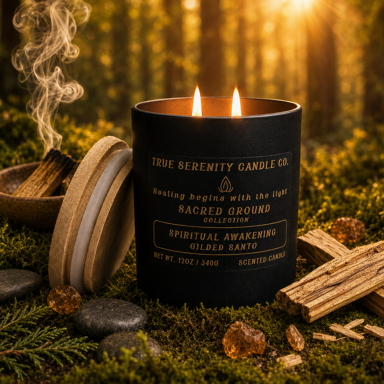 12 oz two-wick Spiritual Awakening Gilded Santo candle with palo santo, amber, resins and cedarwood