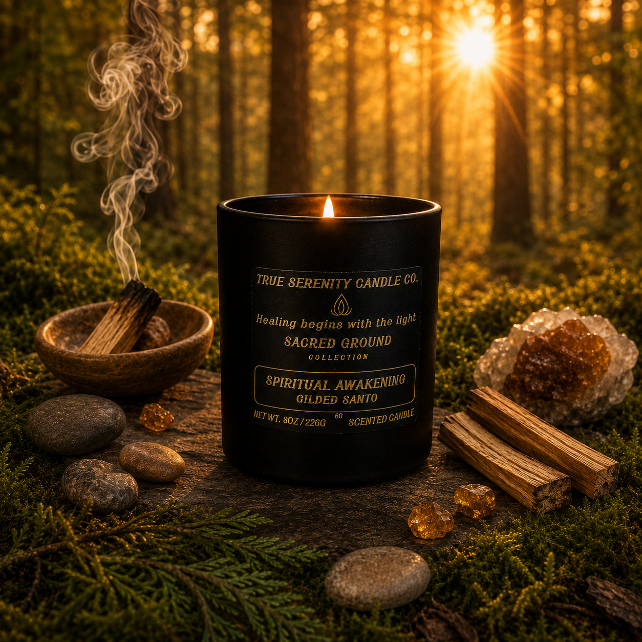 8 oz Spiritual Awakening Gilded Santo candle with palo santo, amber, resins and cedarwood