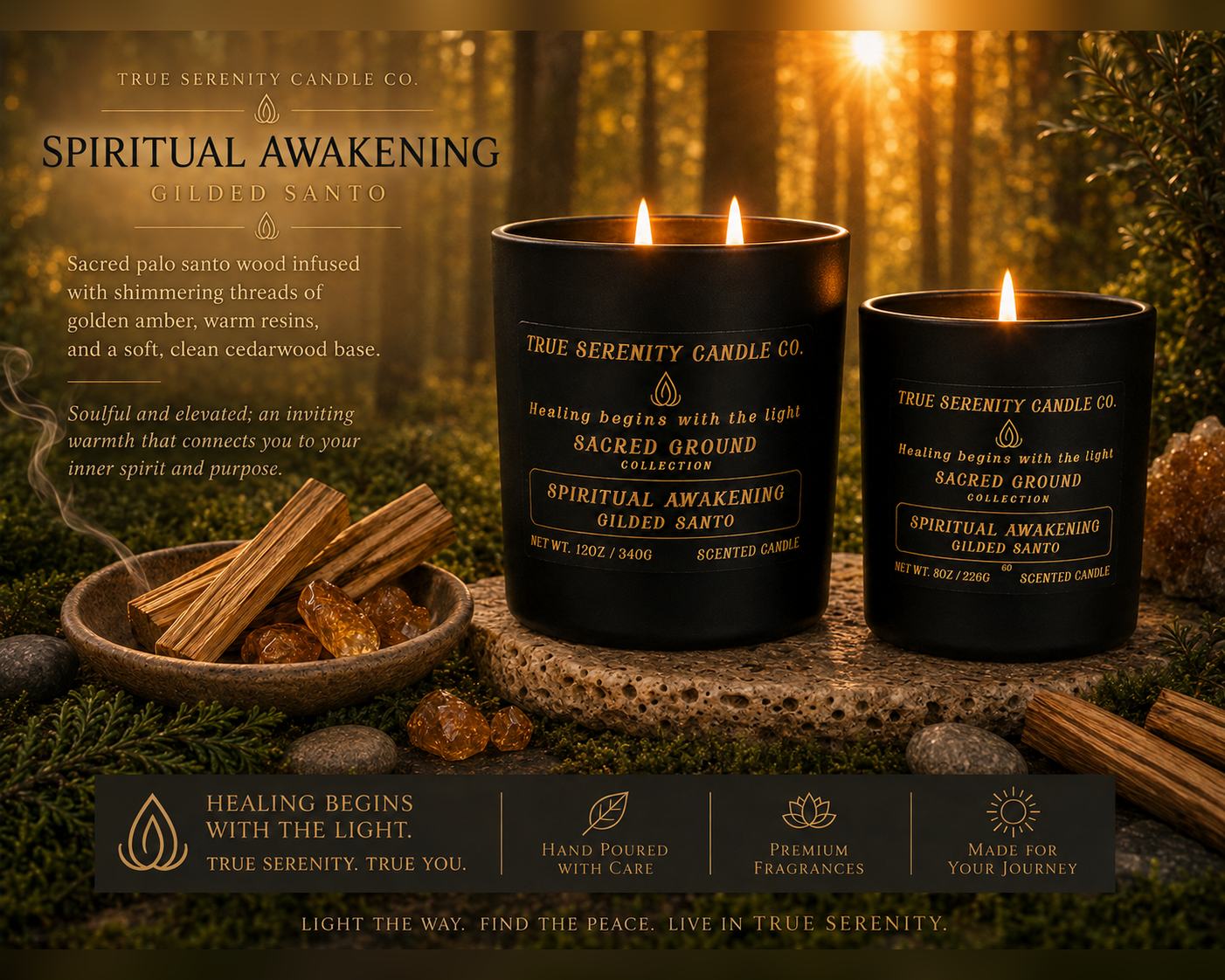 Spiritual Awakening Gilded Santo recovery candle with scent profile and spiritual meaning