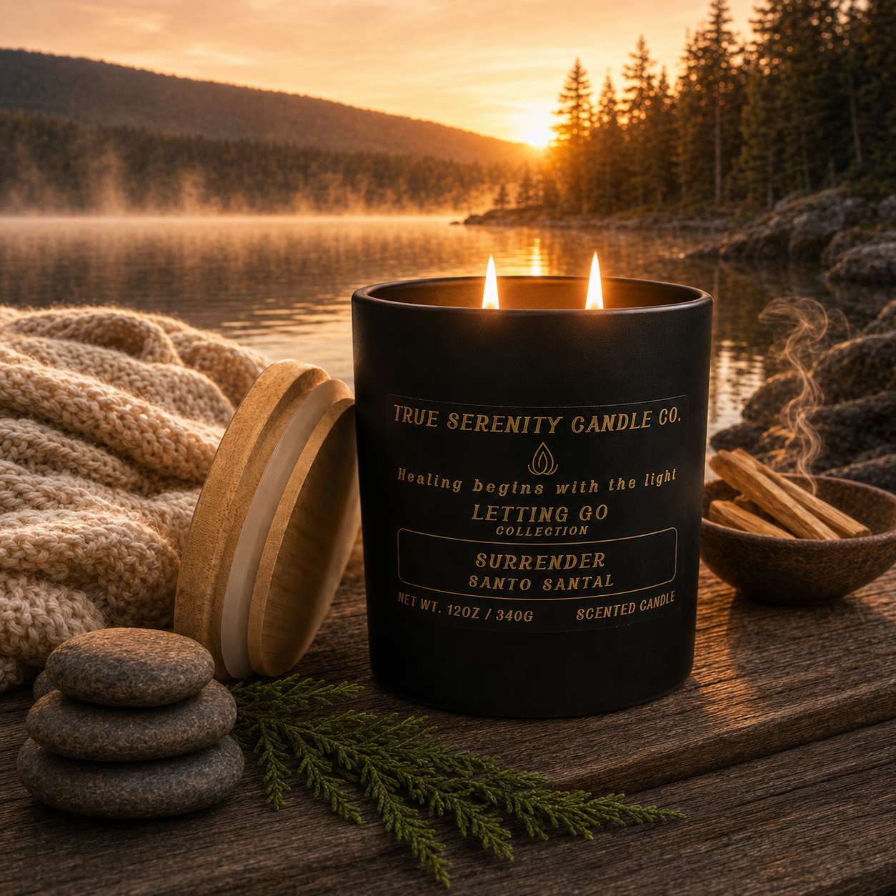 12 oz two-wick Surrender Santo Santal recovery candle with palo santo, sandalwood, smoke and amber