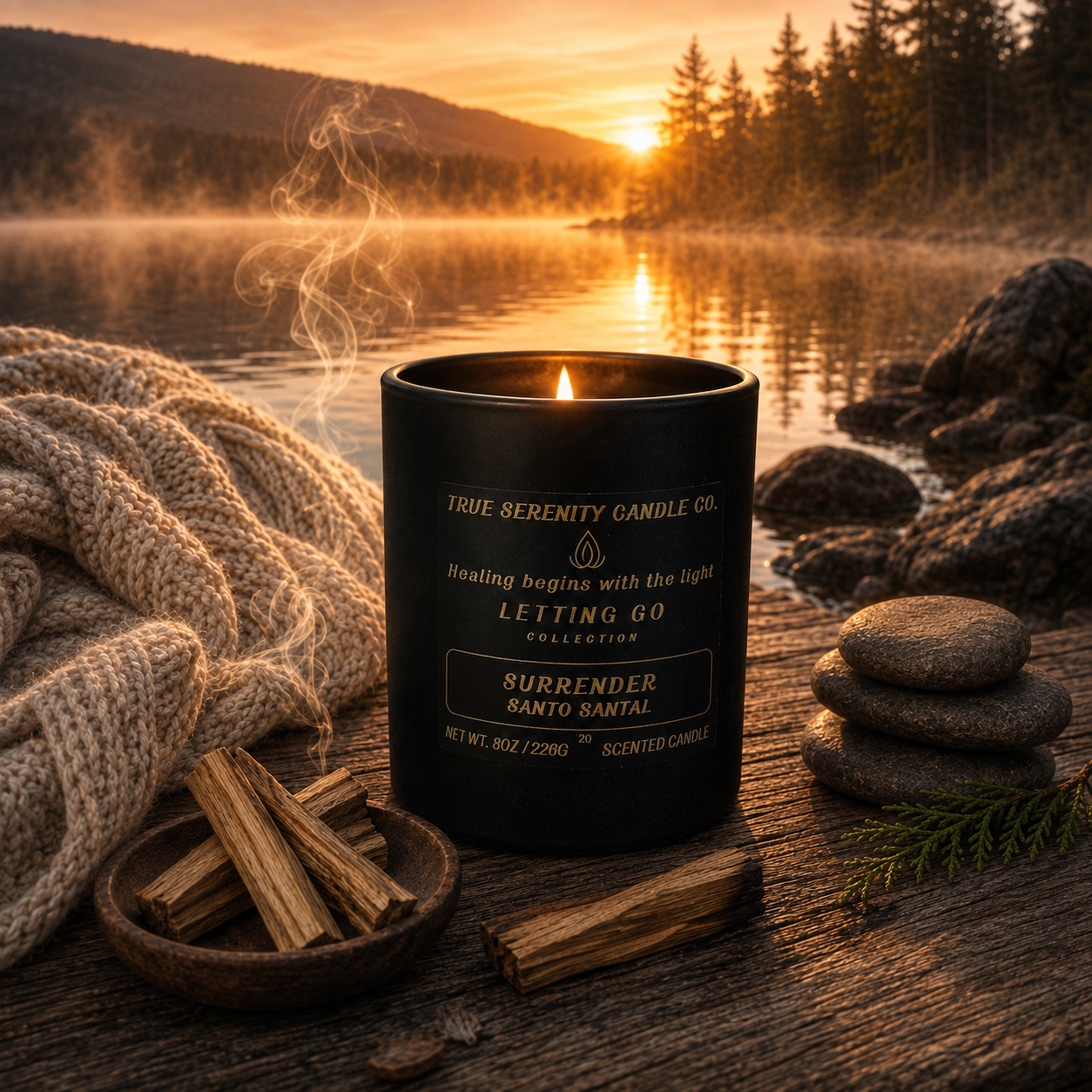 8 oz Surrender Santo Santal recovery candle with palo santo, sandalwood, smoke and amber