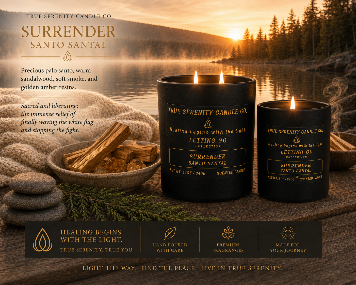 Surrender Santo Santal recovery candle with scent profile and letting-go meaning