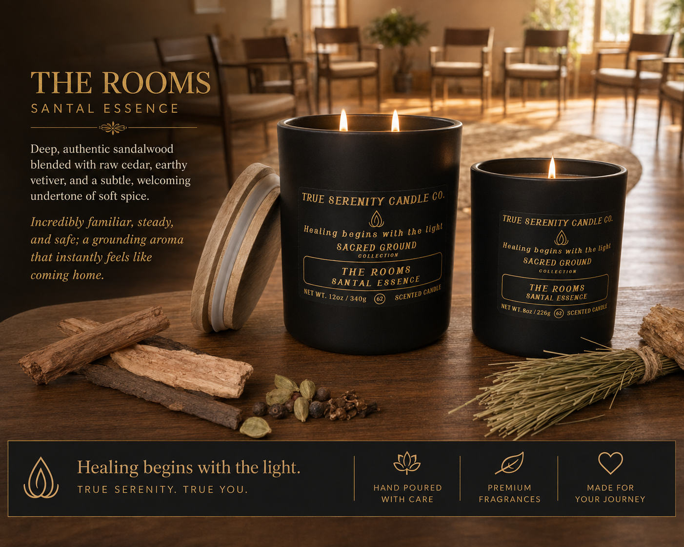 The Rooms Santal Essence recovery candle fragrance and meaning