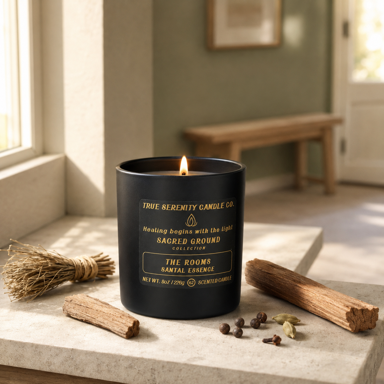 The Rooms Santal Essence 8 oz single-wick recovery candle