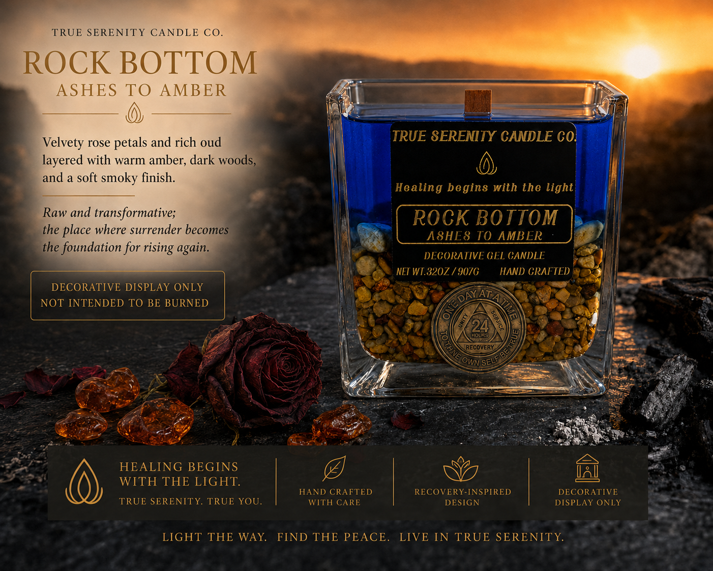 Rock Bottom decorative candle fragrance profile and recovery meaning