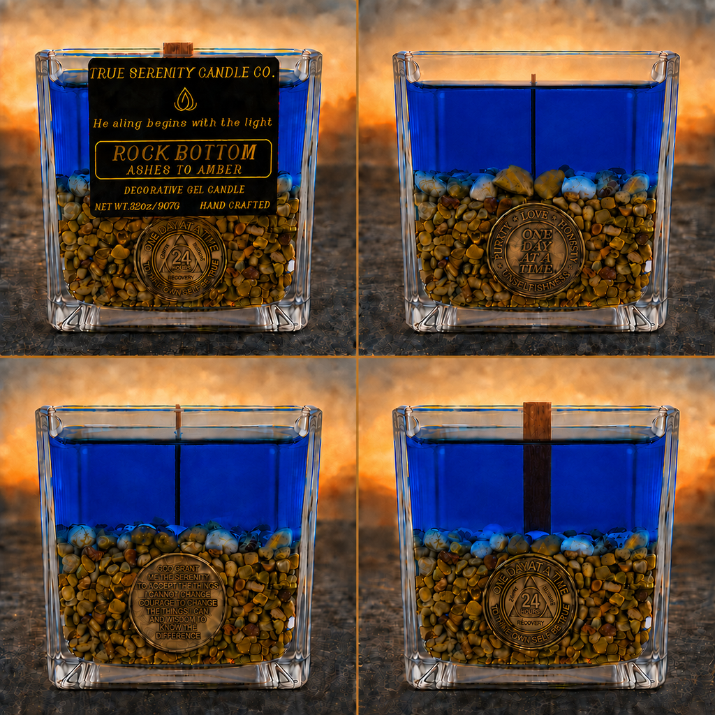 Four views of Rock Bottom showing its label and three customizable recovery medallions