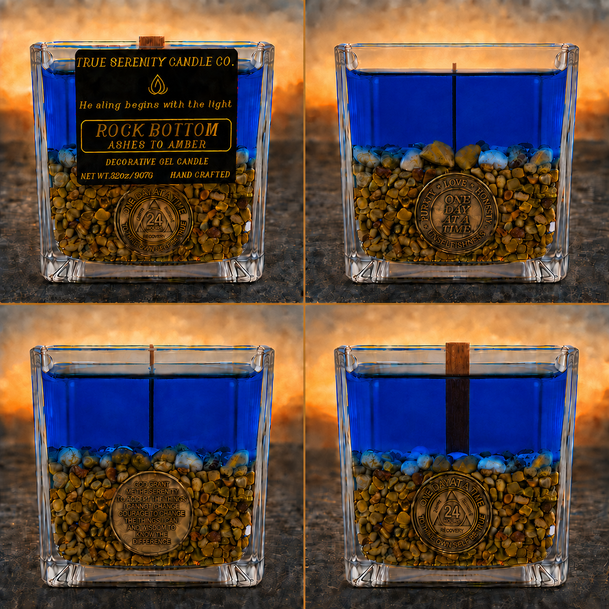 Four views of Rock Bottom showing its label and three customizable recovery medallions